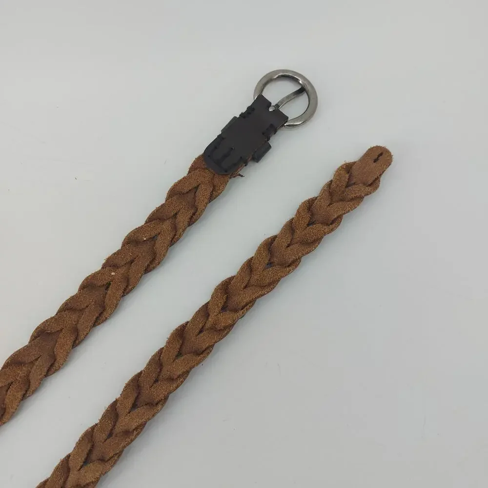 Brown Womens Sz M/L Leather Belt Braided Silver Tone Buckle